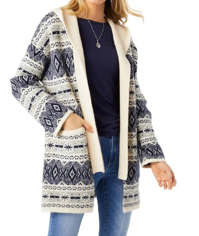 Plus Size Women's Asymmetric Hem Sweater Dresses in Modern DesignsChantal Hooded Cardigan In Navy/winter White Plus Size Women's Asymmetric Hem Sweater Dresses in Modern DesignsChantal Hooded Cardigan In Navy/winter White