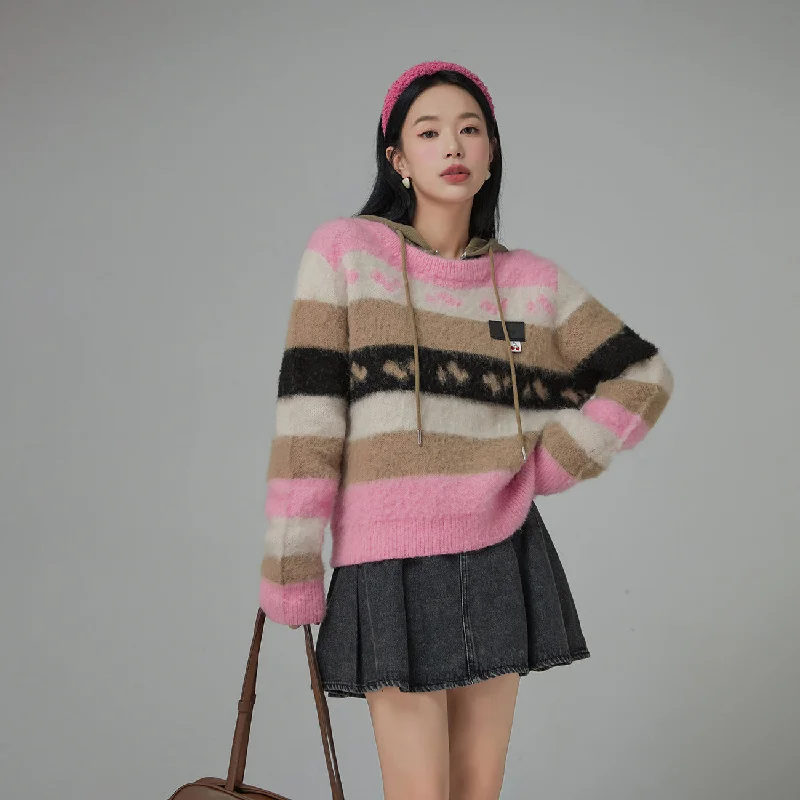 Tie - Front Women's Lambswool Sweaters in Pastel HuesFaux Angora Striped Sweater