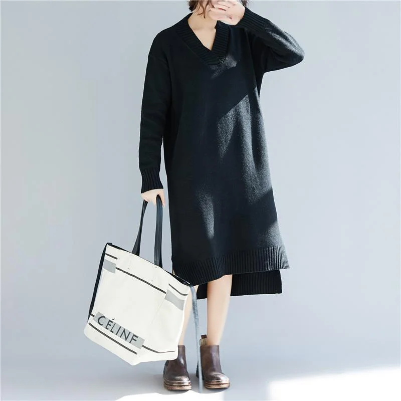 A - Line Women's Merino Wool Sweater Dresses in Classic StylesChunky black Sweater dresses Beautiful daily v neck knitted dress A - Line Women's Merino Wool Sweater Dresses in Classic StylesChunky black Sweater dresses Beautiful daily v neck knitted dress