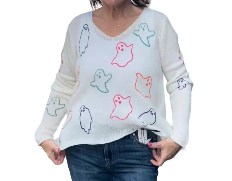 Plus Size Women's Turtleneck Sweater Dresses with Side SlitsElectric Ghosts Sweater In White Plus Size Women's Turtleneck Sweater Dresses with Side SlitsElectric Ghosts Sweater In White