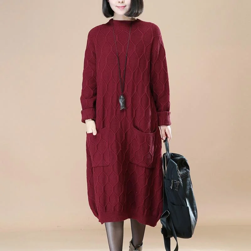 Plus Size Women's Asymmetric Hem Sweater Dresses in Modern DesignsFine burgundy sweater dress Loose fitting pullover sweater boutique sweater
