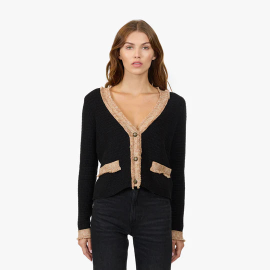Open - Front Women's Cardigan - Style Mohair SweatersFringe Trimmed V-Neck Jacket Black Combo Open - Front Women's Cardigan - Style Mohair SweatersFringe Trimmed V-Neck Jacket Black Combo