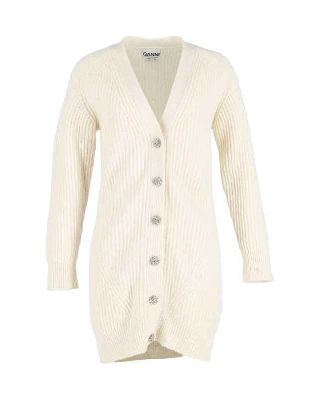 V - Neck Women's Ribbed Sweater Dresses with Belt for a Defined WaistGanni Rib-Knit Long Cardigan in Cream Wool V - Neck Women's Ribbed Sweater Dresses with Belt for a Defined WaistGanni Rib-Knit Long Cardigan in Cream Wool
