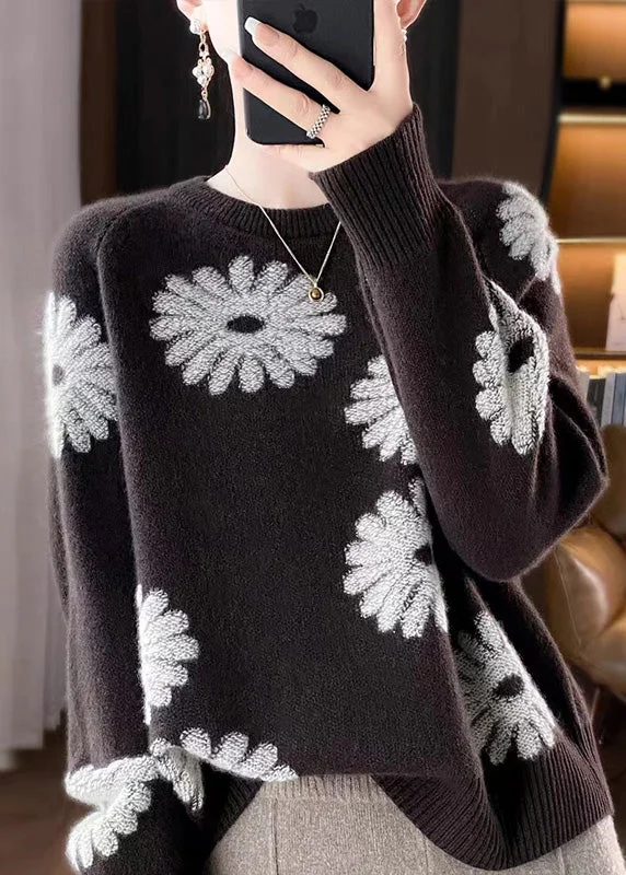 Mock Neck Women's Alpaca Wool Sweaters in Earth TonesLoose Coffee O-Neck Print Wool Knit Sweaters Fall Mock Neck Women's Alpaca Wool Sweaters in Earth TonesLoose Coffee O-Neck Print Wool Knit Sweaters Fall