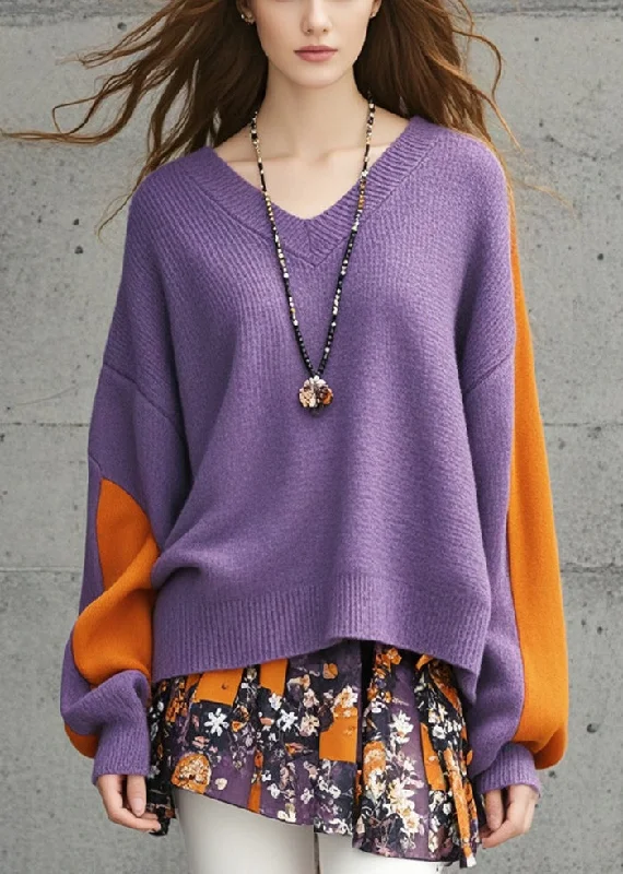 Tie - Front Women's Lambswool Sweaters in Pastel HuesLoose Purple Asymmetrical Patchwork Knit Sweater Fall Tie - Front Women's Lambswool Sweaters in Pastel HuesLoose Purple Asymmetrical Patchwork Knit Sweater Fall
