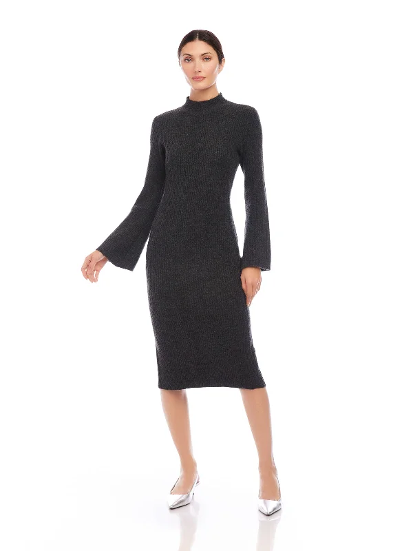 Plus Size Women's Fit - and - Flare Sweater Dresses with Ruffled HemMidi Sweater Dress in Charcoal Plus Size Women's Fit - and - Flare Sweater Dresses with Ruffled HemMidi Sweater Dress in Charcoal