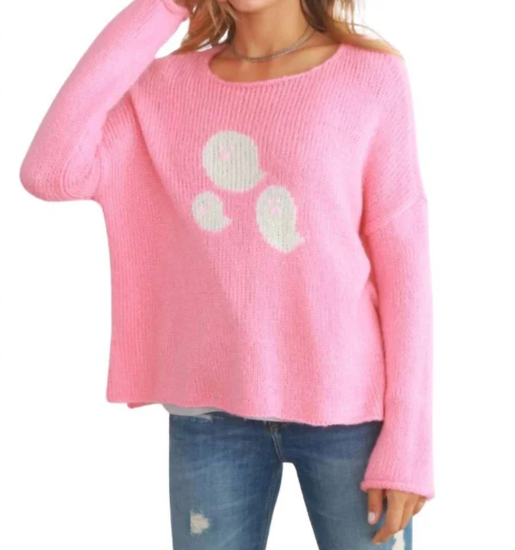 Women's Long Sleeve Turtleneck Cashmere SweatersMini Ghosts Crew Sweater In Pretty Pink