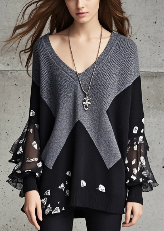 V - Neck Women's Ribbed Wool Sweaters for FallOrganic Grey V Neck Patchwork Print Knit Sweater Fall V - Neck Women's Ribbed Wool Sweaters for FallOrganic Grey V Neck Patchwork Print Knit Sweater Fall