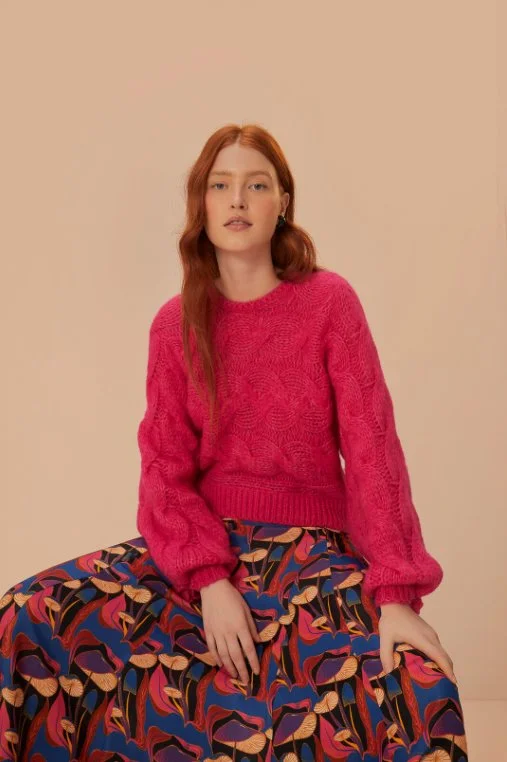 Plus Size Women's Ruffled Hem Sweaters in Floral PrintsPink Maxi Cable Knit Sweater