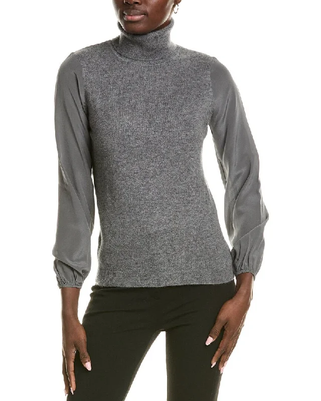 High - Low Hem Women's Cashmere - Blended Sweaterssofiacashmere Chiffon Silk Sleeve Turtleneck Cashmere Sweater