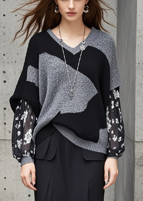 Bell - Sleeve Women's Mohair - Wool Blend SweatersStylish Grey V Neck Patchwork Knit Fake Two Piece Sweater Fall Bell - Sleeve Women's Mohair - Wool Blend SweatersStylish Grey V Neck Patchwork Knit Fake Two Piece Sweater Fall