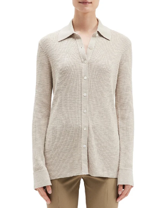 Sleeveless Women's Silk - Trimmed Sweaters for SummerTheory Fine Rib Wool-Blend Button Shirt Sleeveless Women's Silk - Trimmed Sweaters for SummerTheory Fine Rib Wool-Blend Button Shirt