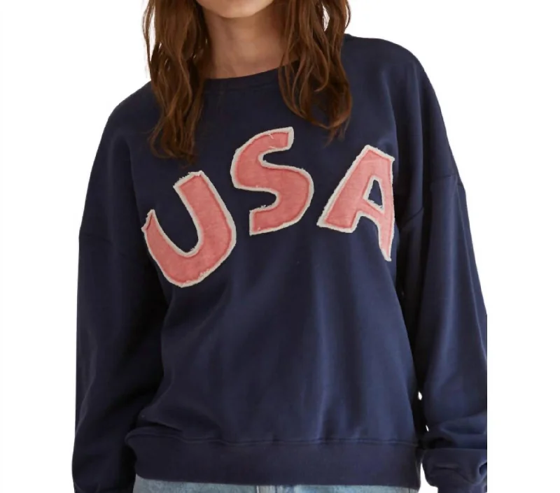Plus Size Women's Fit - and - Flare Sweater Dresses with Ruffled HemUsa Patch Pullover Top In Navy Plus Size Women's Fit - and - Flare Sweater Dresses with Ruffled HemUsa Patch Pullover Top In Navy