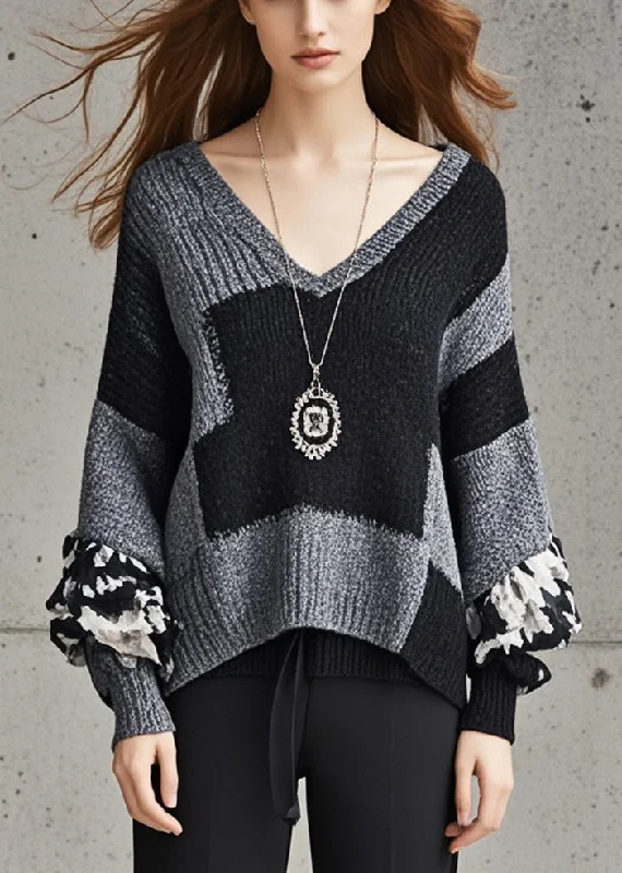 Button - Down Women's Shetland Wool Sweaters in Traditional PatternsWomen Grey V Neck Patchwork Knit Sweater Fall Button - Down Women's Shetland Wool Sweaters in Traditional PatternsWomen Grey V Neck Patchwork Knit Sweater Fall