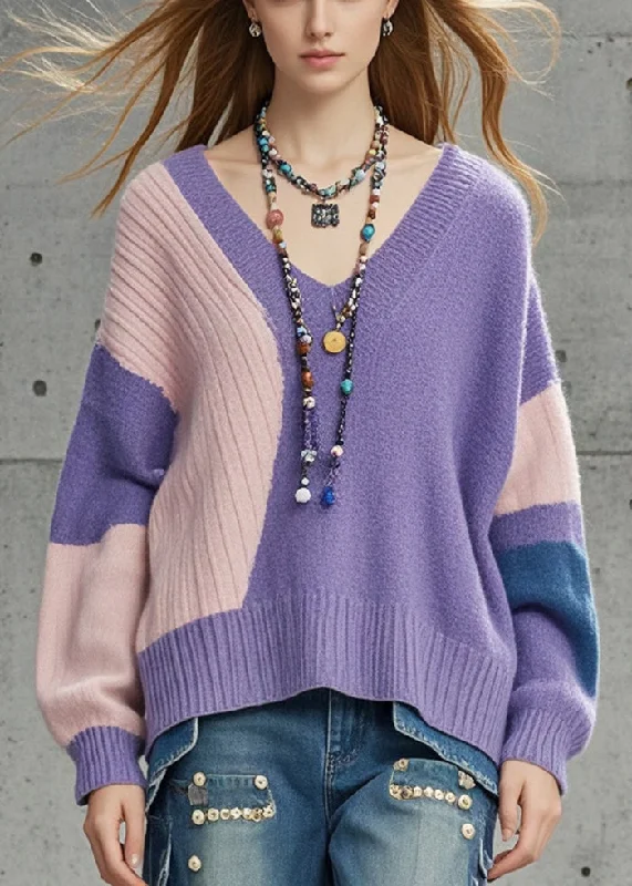 Plus Size Women's Side - Slit Sweaters in Bold SolidsWomen Purple Oversized Patchwork Knit Sweaters Fall Plus Size Women's Side - Slit Sweaters in Bold SolidsWomen Purple Oversized Patchwork Knit Sweaters Fall
