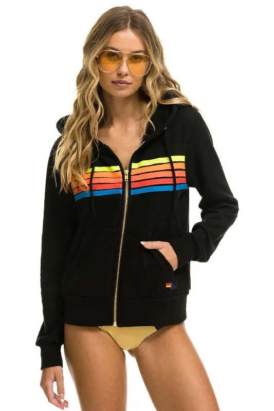 5 STRIPE HOODIE - BLACK // NEON RAINBOW