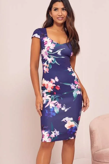 Pleated Women Dress with a Timeless and Elegant TextureCap Sleeve Sweetheart Floral Print Dress Navy Pleated Women Dress with a Timeless and Elegant TextureCap Sleeve Sweetheart Floral Print Dress Navy