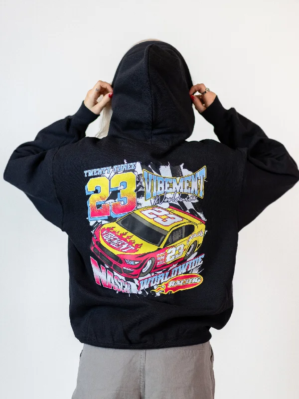 Women's cropped sweatshirt with a slogan graphic for a fun and expressive lookCAR NO. 23 (rygprint) HOODIE - SORT Women's cropped sweatshirt with a slogan graphic for a fun and expressive lookCAR NO. 23 (rygprint) HOODIE - SORT