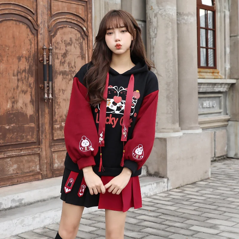 Women's sherpa - lined hoodie for extreme cold weather outdoor activitiesCartoon Lucky Cat Letter Print Tassel Clolorblock Hoodie Cat Paws Skirt Women's sherpa - lined hoodie for extreme cold weather outdoor activitiesCartoon Lucky Cat Letter Print Tassel Clolorblock Hoodie Cat Paws Skirt