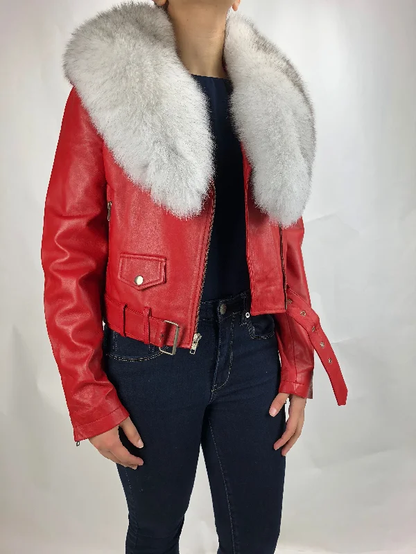 Women's Classic Biker Red With Fox Collar [ SLIM FIT]