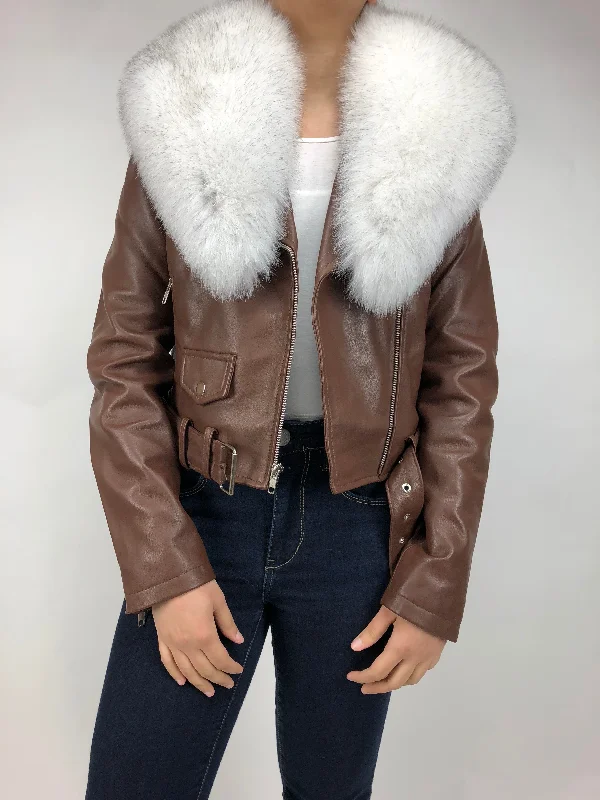 Women's Classic Biker Brown With Fox Collar [Slim Fit]