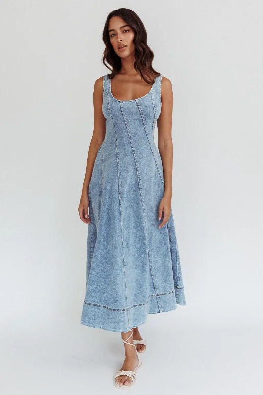 Printed Abstract Women Dress for a Modern and Artistic AppealEllora Side Pocket Midi Dress Denim Blue Printed Abstract Women Dress for a Modern and Artistic AppealEllora Side Pocket Midi Dress Denim Blue