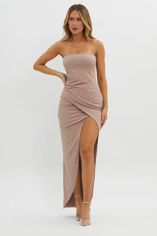Strapless Women Dress with a Built - in Bra for Comfort and SupportEvette Strapless Split Maxi Dress Tawny Strapless Women Dress with a Built - in Bra for Comfort and SupportEvette Strapless Split Maxi Dress Tawny