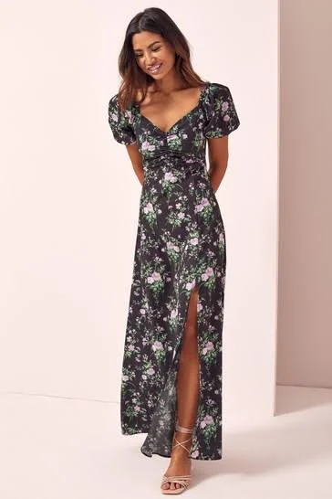 Empire Waist Women Dress to Accentuate the Bust and Conceal the WaistFloral Print Sweetheart Dress Black