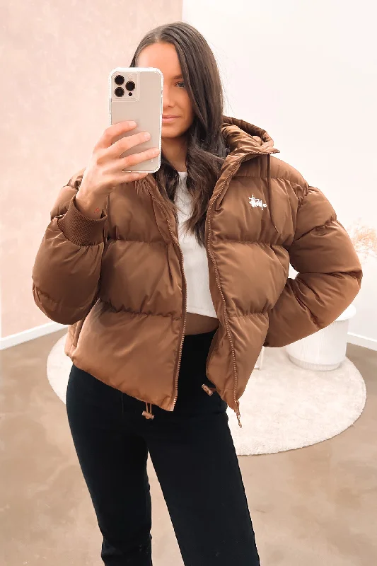 Women's denim jackets with a patchwork design for a bohemian and artsy styleGraffiti Hood Puffa Jacket Coffee Women's denim jackets with a patchwork design for a bohemian and artsy styleGraffiti Hood Puffa Jacket Coffee