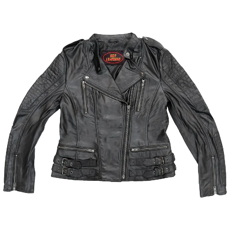 Women's denim jackets with a patchwork design for a bohemian and artsy styleHot Leathers JKL1030 Ladies Lightweight Black Leather Jacket with Side Buckles Women's denim jackets with a patchwork design for a bohemian and artsy styleHot Leathers JKL1030 Ladies Lightweight Black Leather Jacket with Side Buckles