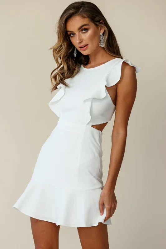 Jackie Wide Ruffle Hem Pinafore Dress White