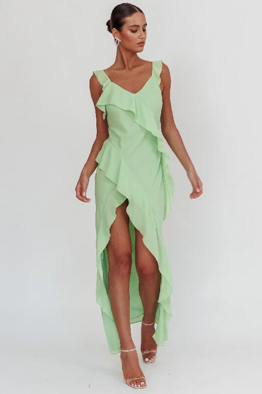 Sleeveless Women Dress in Bright Colors for Summer PartiesJohannson Ruffle Trim Maxi Dress Pistachio Sleeveless Women Dress in Bright Colors for Summer PartiesJohannson Ruffle Trim Maxi Dress Pistachio