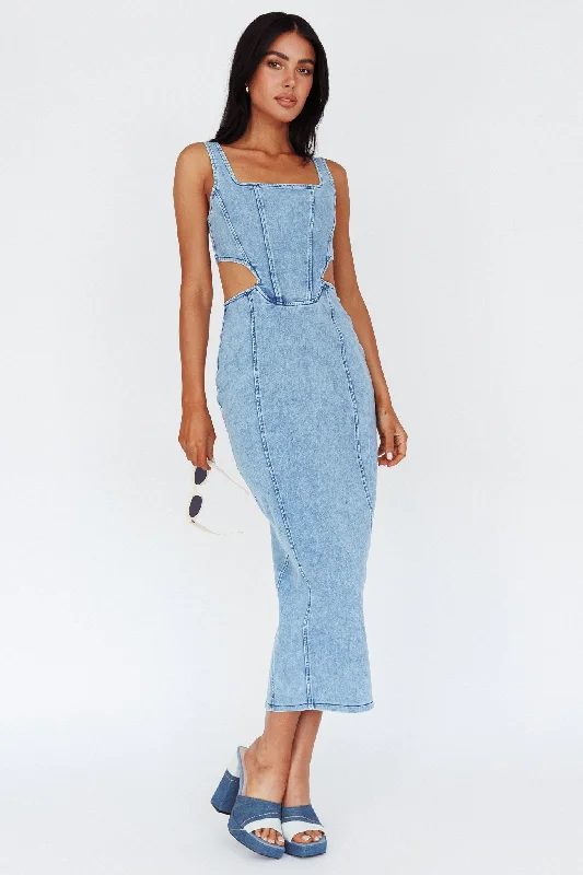 Backless Women Dress for a Sexy and Alluring Look at Evening EventsKainani Cut-Out Waist Midi Dress Denim Blue Backless Women Dress for a Sexy and Alluring Look at Evening EventsKainani Cut-Out Waist Midi Dress Denim Blue