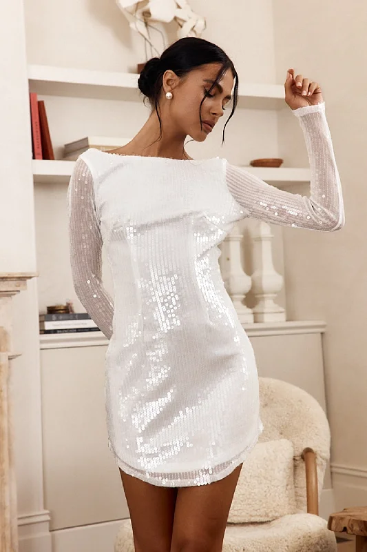Mermaid - Style Women Dress with a Fitted Silhouette for Special OccasionsKarma Long Sleeve Keyhole Back Sequin Dress White Mermaid - Style Women Dress with a Fitted Silhouette for Special OccasionsKarma Long Sleeve Keyhole Back Sequin Dress White