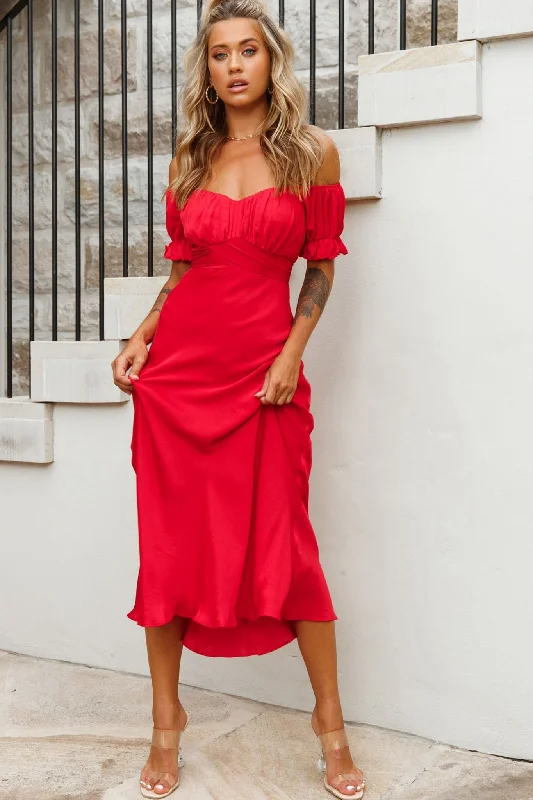 Shift Women Dress with a Simple and Classic Design for Everyday WearLinka Off-Shoulder Tie Back Midi Dress Red Shift Women Dress with a Simple and Classic Design for Everyday WearLinka Off-Shoulder Tie Back Midi Dress Red