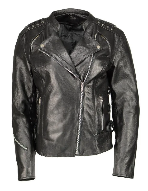 Women's shearling - lined suede jackets for ultimate warmth and luxuryM Boss Motorcycle Apparel BOS22503 Women's Black Armored Motorcycle Leather Jacket with Back Lacing Detail Women's shearling - lined suede jackets for ultimate warmth and luxuryM Boss Motorcycle Apparel BOS22503 Women's Black Armored Motorcycle Leather Jacket with Back Lacing Detail