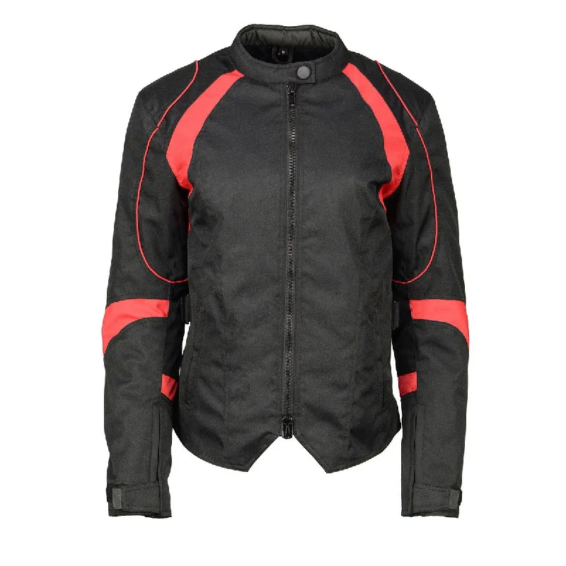 Women's military - style jackets with epaulets for a tough and fashionable appearanceM Boss Motorcycle Apparel BOS22706 Women's Black and Red Motorcycle Biker Nylon Racer Jacket with Armor Protection Women's military - style jackets with epaulets for a tough and fashionable appearanceM Boss Motorcycle Apparel BOS22706 Women's Black and Red Motorcycle Biker Nylon Racer Jacket with Armor Protection