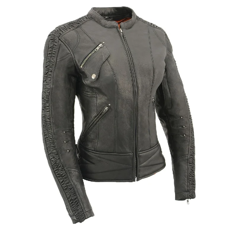 Women's cropped down jackets in bold colors for a sporty and fashionable winter outfitMilwaukee Leather MLL2571 Women's Black 'Crinkled Arm' Lightweight Racer Jacket Women's cropped down jackets in bold colors for a sporty and fashionable winter outfitMilwaukee Leather MLL2571 Women's Black 'Crinkled Arm' Lightweight Racer Jacket
