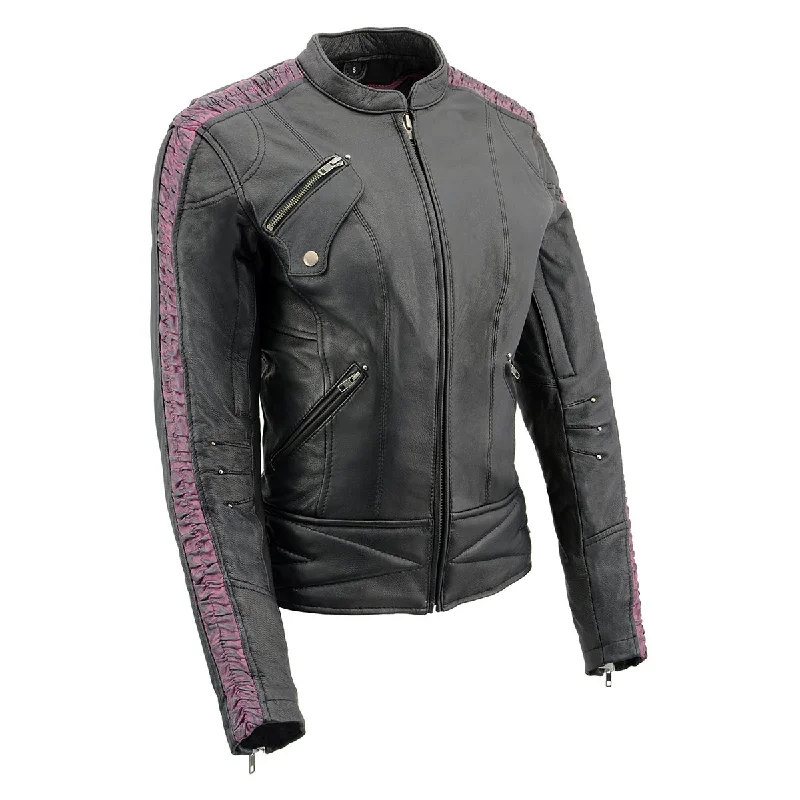 Women's denim jackets with a patchwork design for a bohemian and artsy styleMilwaukee Leather MLL2571 Ladies Black and Purple 'Crinkled Arm' Lightweight Racer Jacket Women's denim jackets with a patchwork design for a bohemian and artsy styleMilwaukee Leather MLL2571 Ladies Black and Purple 'Crinkled Arm' Lightweight Racer Jacket