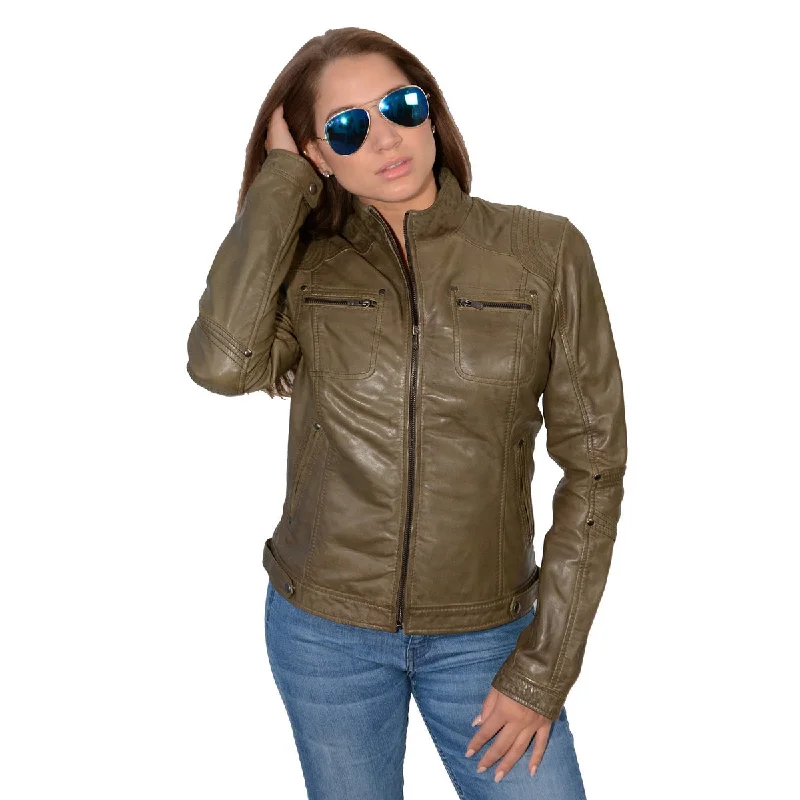 Women's faux fur - trimmed denim jackets for a trendy and cozy styleMilwaukee Leather SFL2800 Women's Racer Olive Stand Up Collar Motorcycle Fashion Leather Jacket Women's faux fur - trimmed denim jackets for a trendy and cozy styleMilwaukee Leather SFL2800 Women's Racer Olive Stand Up Collar Motorcycle Fashion Leather Jacket
