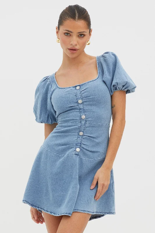 Sleeveless Women Dress in Bright Colors for Summer PartiesNew Heights Puff Sleeve Mini Dress Denim Blue Sleeveless Women Dress in Bright Colors for Summer PartiesNew Heights Puff Sleeve Mini Dress Denim Blue