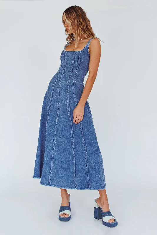 Northern Sky Fringe Trim Midi Dress Dark Blue