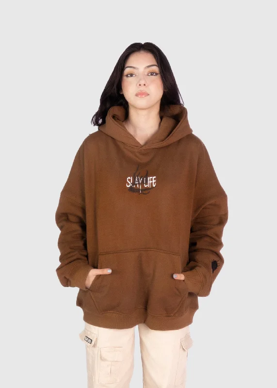 Women's quarter - zip sweatshirt made of organic cotton for eco - conscious fashionPATCH WORK BROWN HOODIE Women's quarter - zip sweatshirt made of organic cotton for eco - conscious fashionPATCH WORK BROWN HOODIE