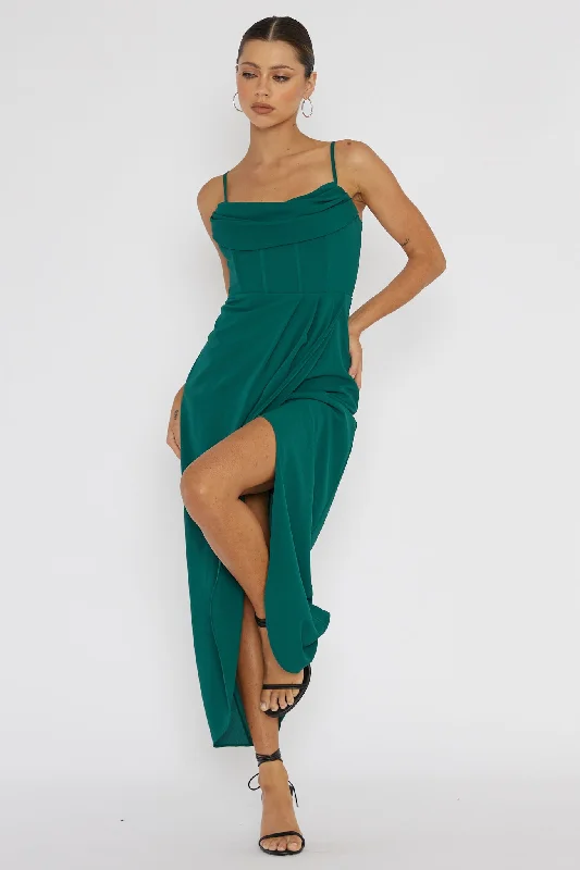 Long - Sleeve Women Dress in Velvet for a Luxurious Winter LookPatrice Draped Neck Split Midi Dress Forest Green Long - Sleeve Women Dress in Velvet for a Luxurious Winter LookPatrice Draped Neck Split Midi Dress Forest Green
