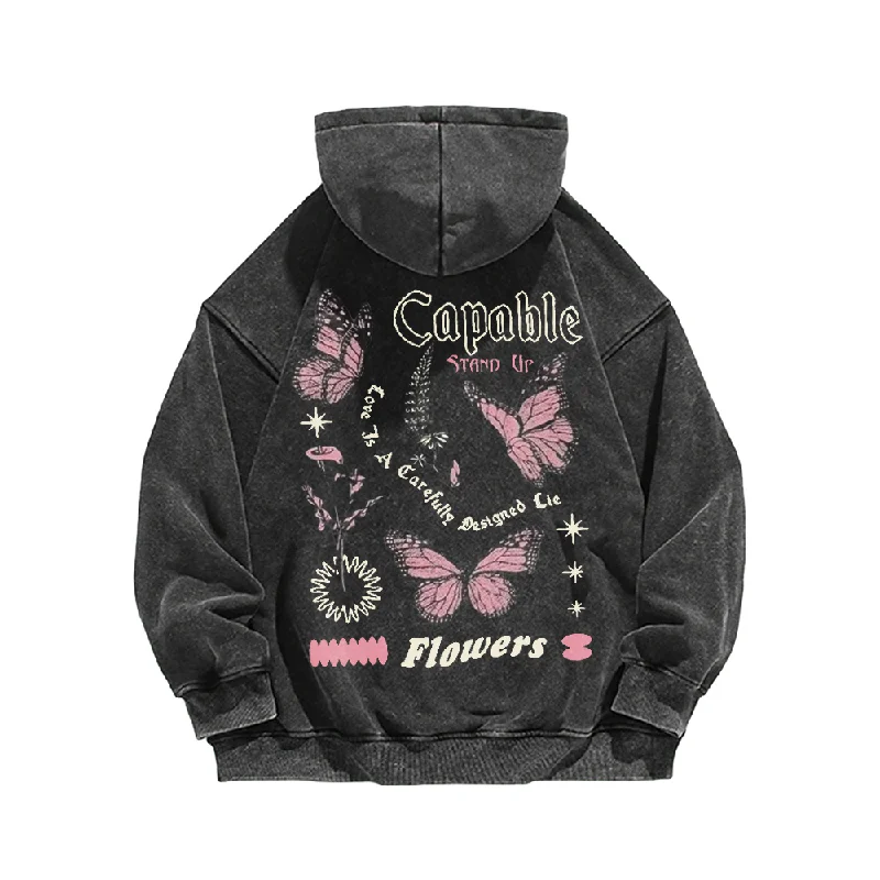 Retro Butterfly Letters Washed Hoodie