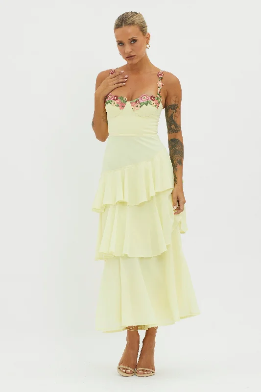 Lace - Embellished Women Dress for an Elegant and Sophisticated AppearanceRose Garden Tiered Ruffle Floral Trim Dress Lemon Lace - Embellished Women Dress for an Elegant and Sophisticated AppearanceRose Garden Tiered Ruffle Floral Trim Dress Lemon