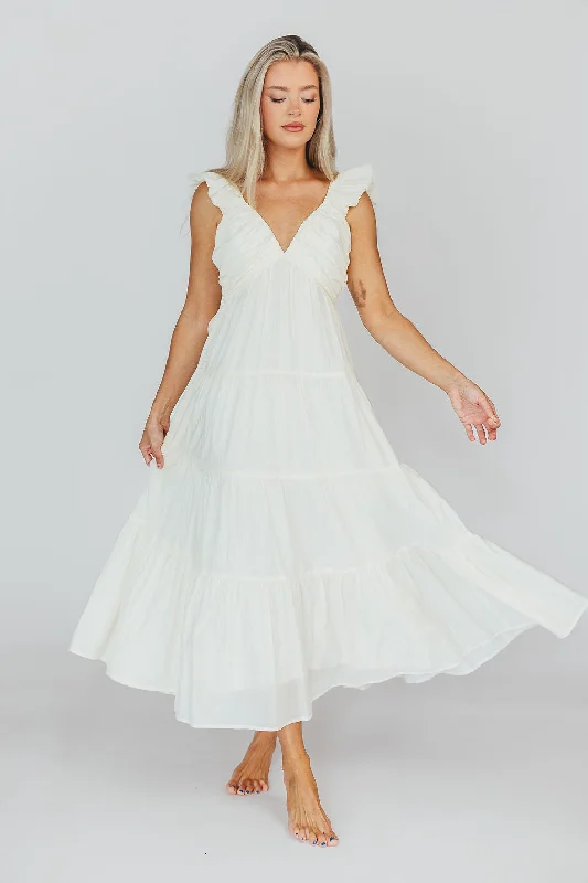 Pleated Women Dress with a Timeless and Elegant TextureKaty Pleated Bodice Midi Dress in Cream - Bump Friendly Pleated Women Dress with a Timeless and Elegant TextureKaty Pleated Bodice Midi Dress in Cream - Bump Friendly