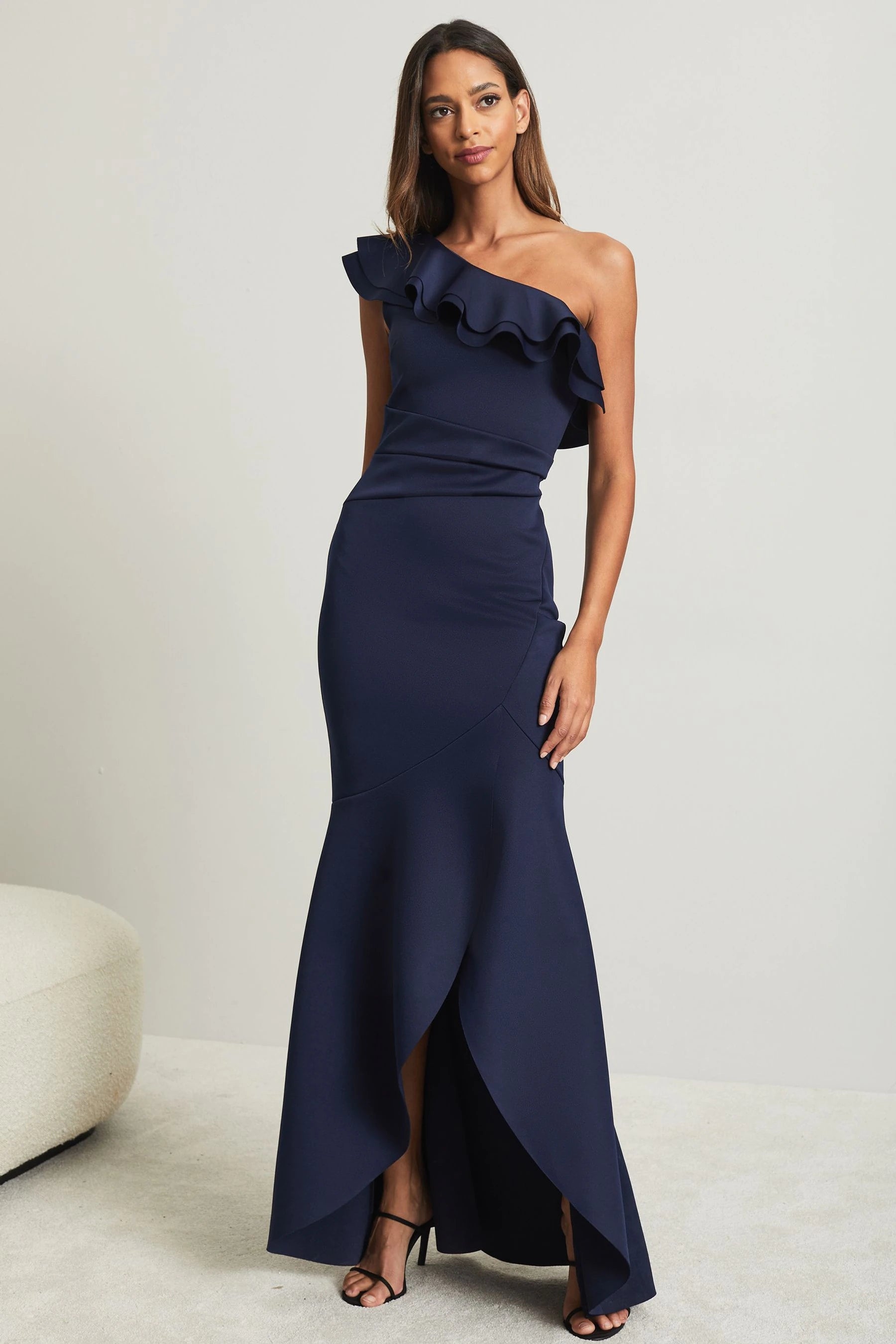 Ruffle One Shoulder Maxi Navy