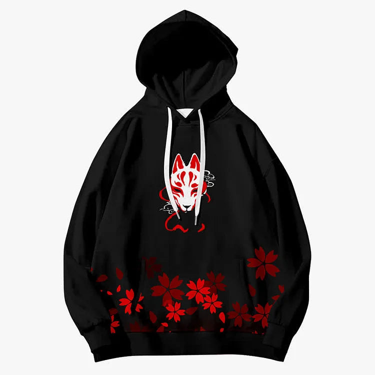 Sakura Fox Magic Unleashed: Vintage Fox Mask Hoodie - A Casual Symphony of Style and Comfort! ??