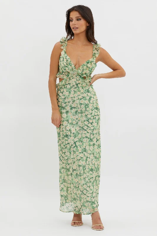 Second Chances Ruffle Trim Maxi Dress Flowers Green